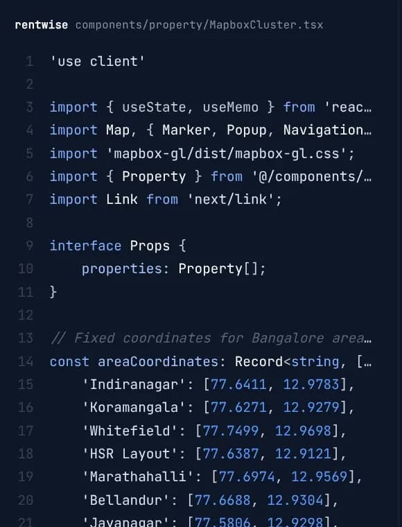 RentWise map clustering code with Bangalore area coordinates